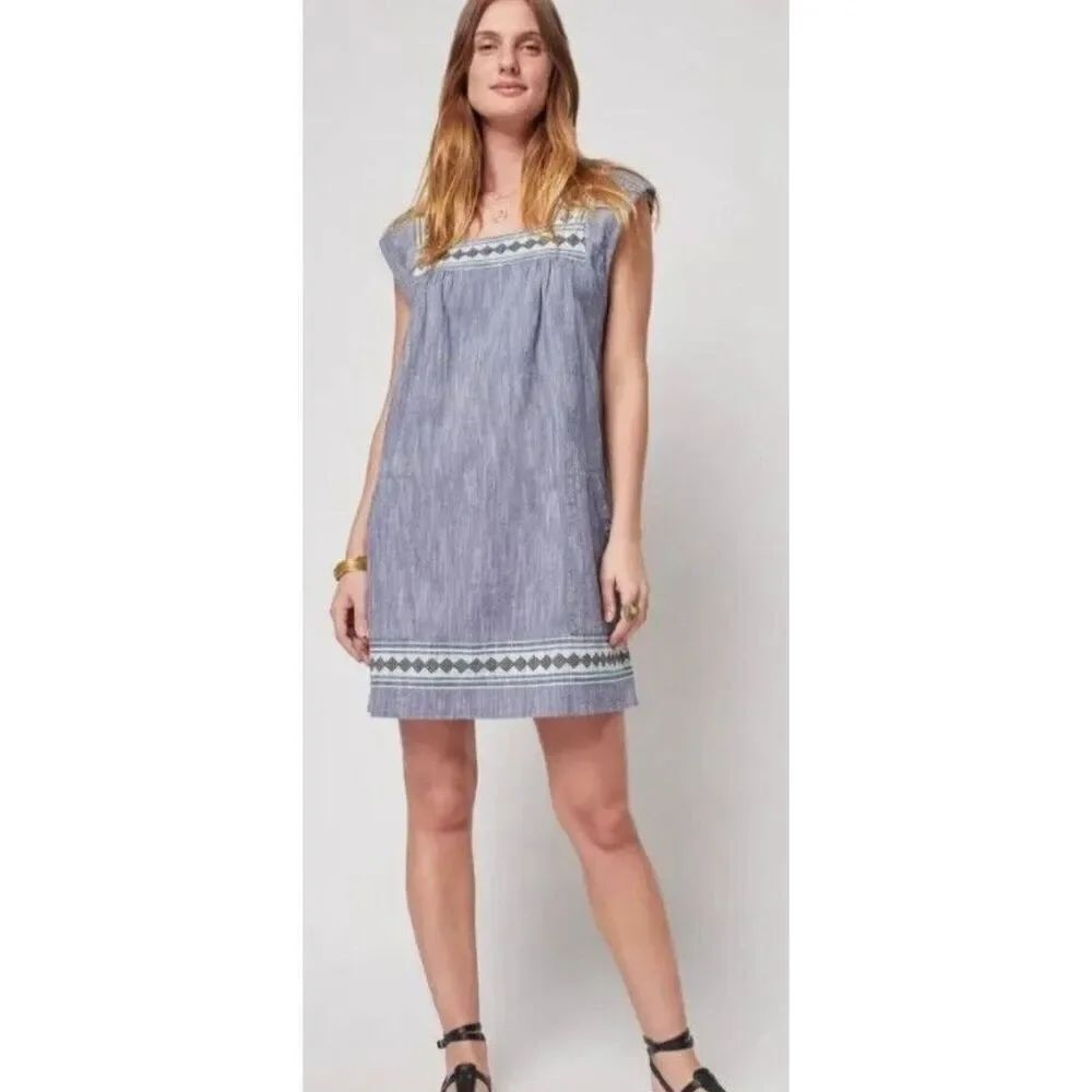 Faherty hailee navy blue jacquard square neck dress size S